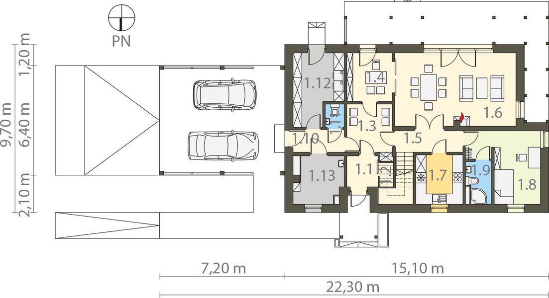 Projekt domu Przyjazny - rzut parteru, dom liczy 5 pokoje, 5 łazienki i wc