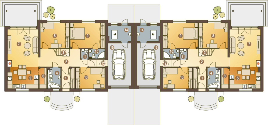 Parter projektu Derkacz z garażem 1-st. bliźniak [A-BL]