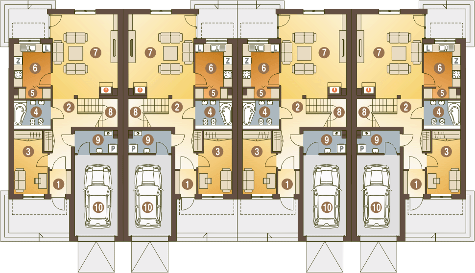 Parter projektu Gwarek II z garażem 1-st. szeregówka [A-SZ]