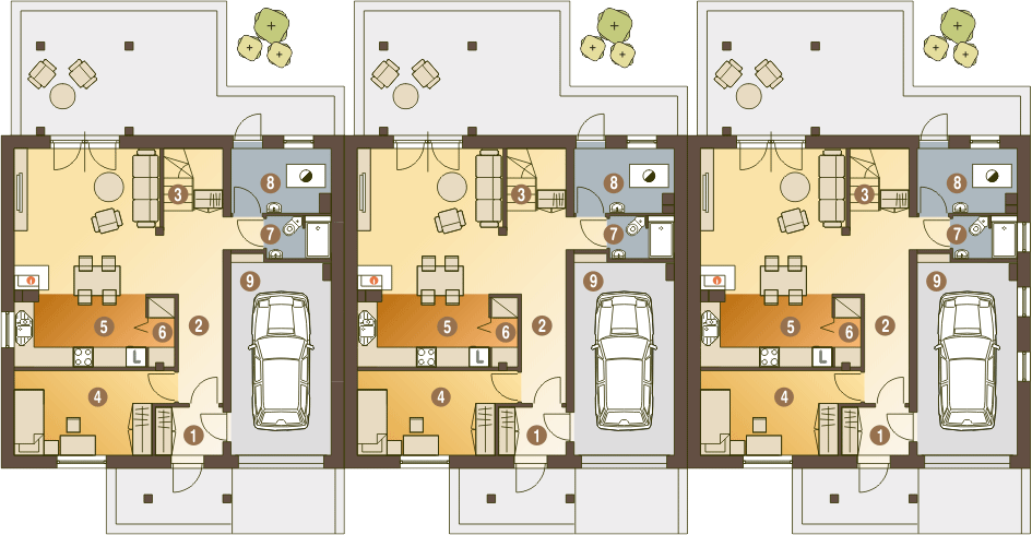 Parter projektu Jarząbek III z garażem 1-st. szeregówka [A-SZ]