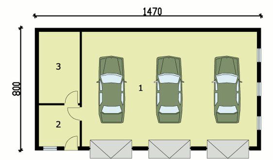Parter projektu G160 szkielet drewniany garaż trzystanowiskowy