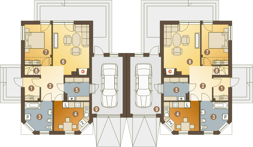 Parter projektu Lolek II z garażem 1-st. bliźniak [A-BL1]