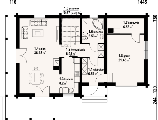 Projekt domu Osiek 86 dw - rzut parteru, dom liczy 3 pokoje, 2 łazienki i wc
