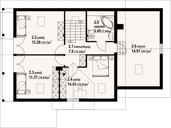 Projekt domu Osiek 86 dw - rzut poddasza, dom liczy 3 pokoje, 2 łazienki i wc