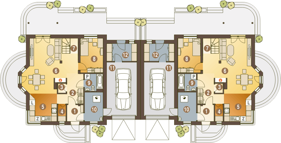 Parter projektu Puszczyk z garażem 1-st. bliźniak [A-BL1]