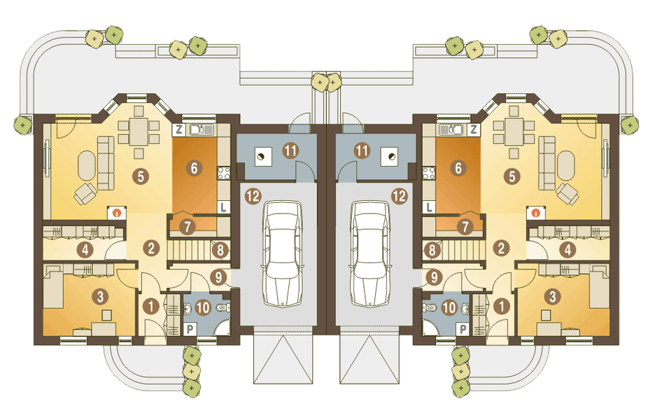 Parter projektu Puszczyk III z garażem 1-st. bliźniak [A-BL1]