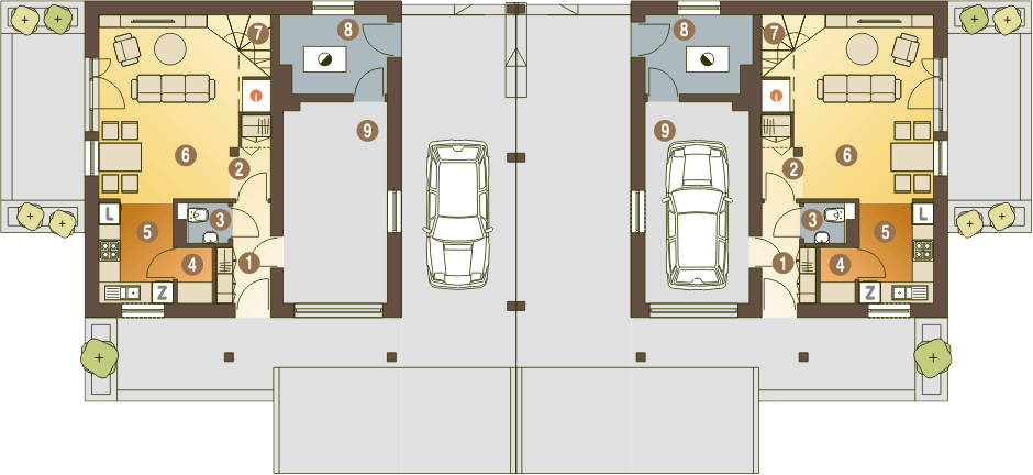 Parter projektu Turkawka z garażem i wiatą bliźniak [A1-BL]
