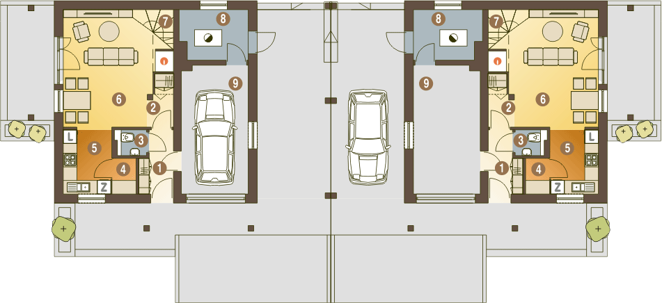 Parter projektu Turkawka II z garażem i wiatą bliźniak [A1-BL]