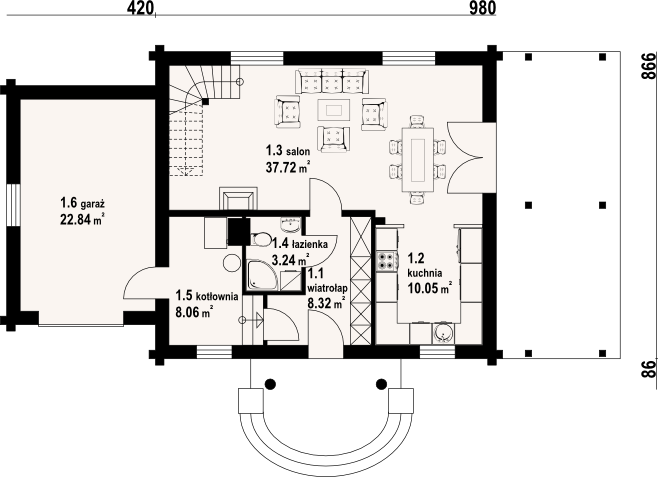 Projekt domu Cisna 25g dw - rzut parteru, dom liczy 3 pokoje, 2 łazienki i wc