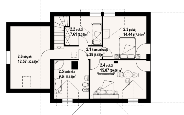 Projekt domu Cisna 25g dw - rzut poddasza, dom liczy 3 pokoje, 2 łazienki i wc