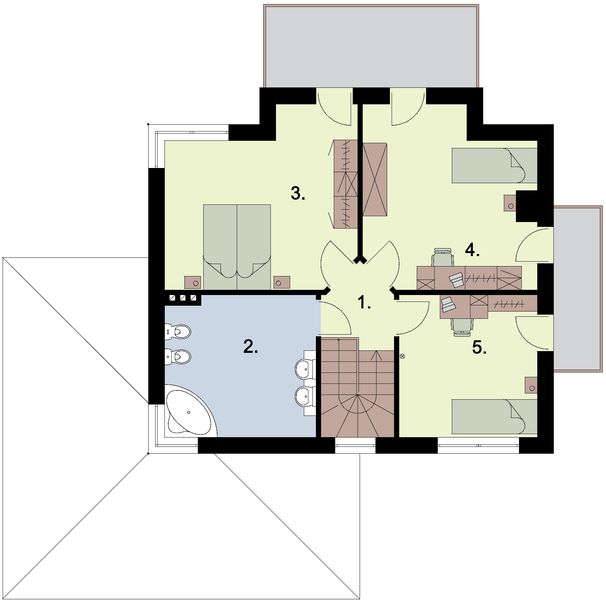 Projekt domu Brunei szkielet drewniany - rzut 1 piętra, dom liczy 3 pokoje, 2 łazienki i wc