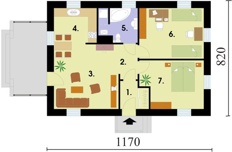 Projekt domu El Pinar szkielet drewniany - rzut parteru, dom liczy 2 pokoje, 1 łazienki i wc