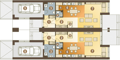 Parter projektu Long II z garażem 1-st. bliźniak [A-BL2]