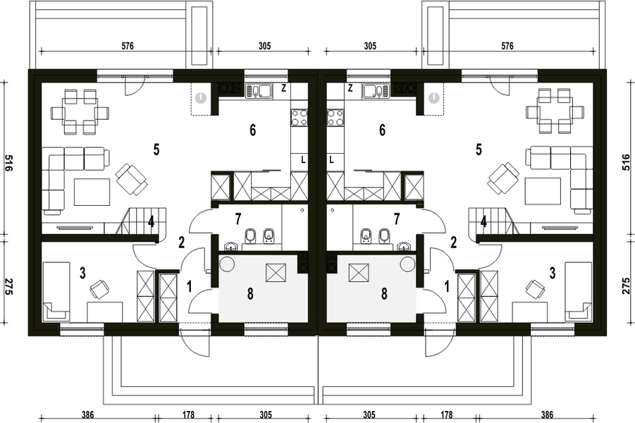 Parter projektu Sosnówka bez garażu bliźniak [B-BL1]