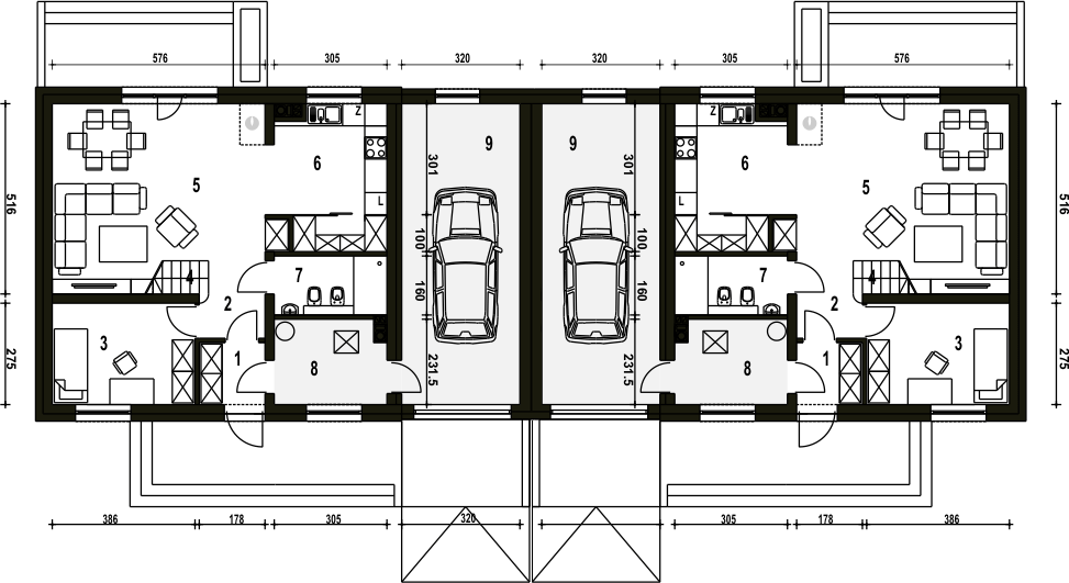 Parter projektu Sosnówka z garażem 1-st. bliźniak [A-BL1]