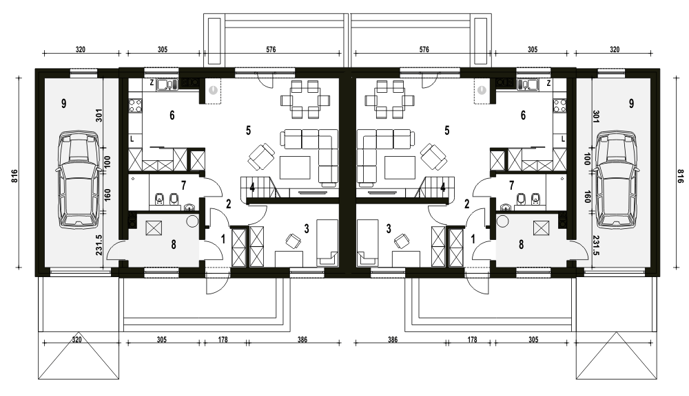 Parter projektu Sosnówka z garażem 1-st. bliźniak [A-BL2]