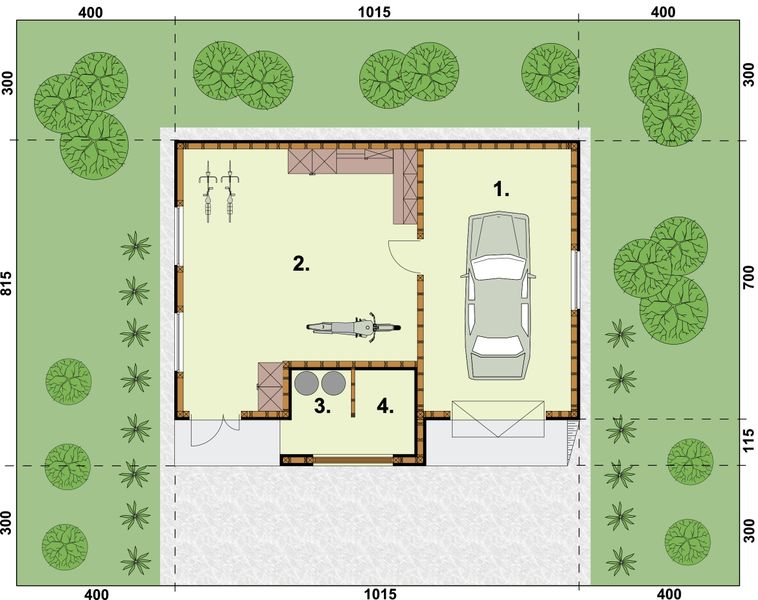Parter projektu G310 szkielet drewniany jednostanowiskowy z pomieszczenie gospodarczym