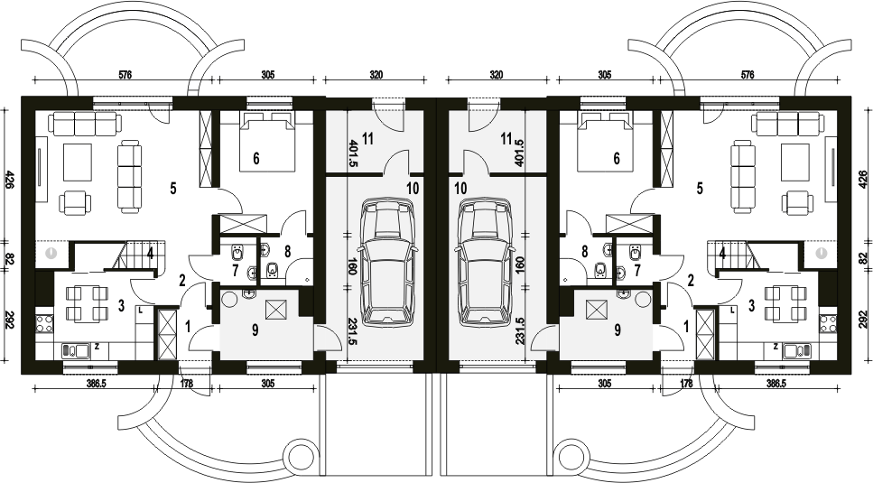 Parter projektu Sosnówka II z garażem 1-st. bliźniak [A-BL1]