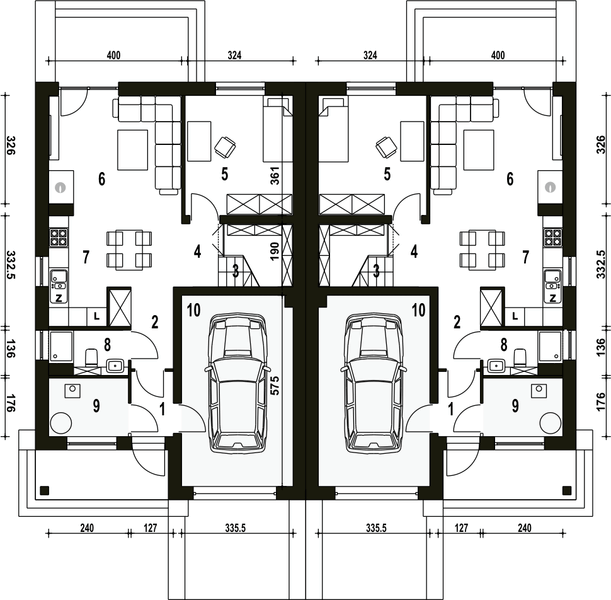 Parter projektu Mazurek z garażem 1-st. bliźniak [A-BL1]