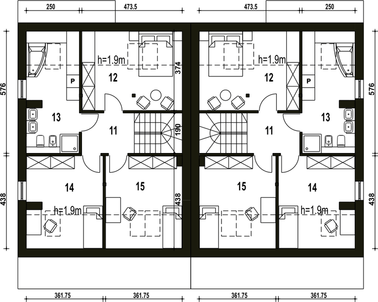 Poddasze projektu Mazurek z garażem 1-st. bliźniak [A-BL1]