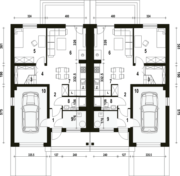Parter projektu Mazurek z garażem 1-st. bliźniak [A-BL2]