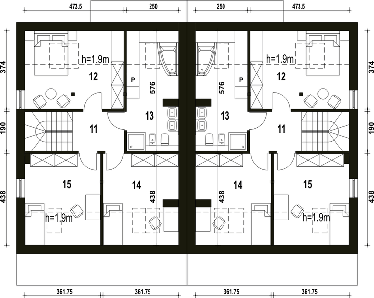Poddasze projektu Mazurek z garażem 1-st. bliźniak [A-BL2]