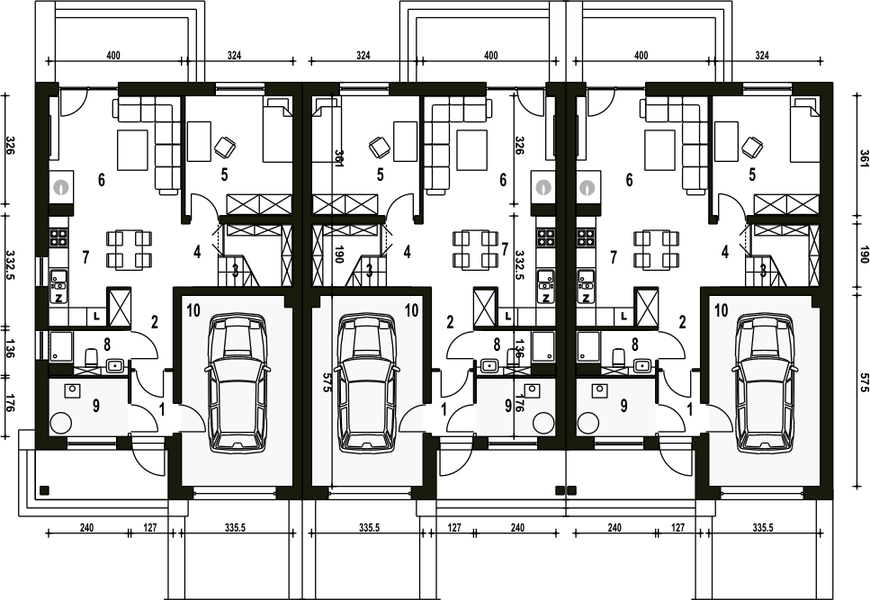 Parter projektu Mazurek z garażem 1-st. szeregówka [A-SZ]