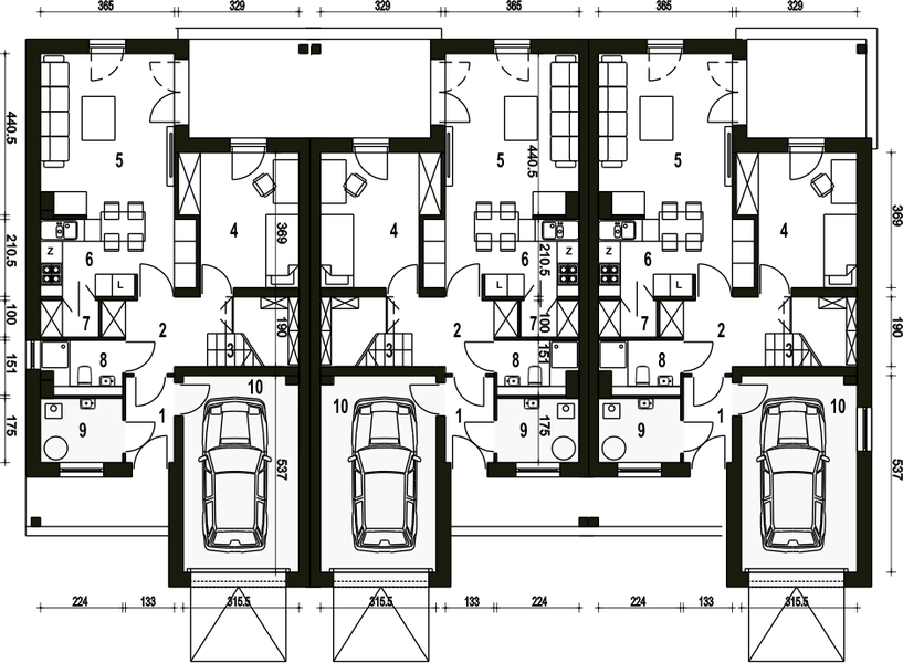Parter projektu Makolągwa z garażem 1-st. szeregówka [A-SZ]