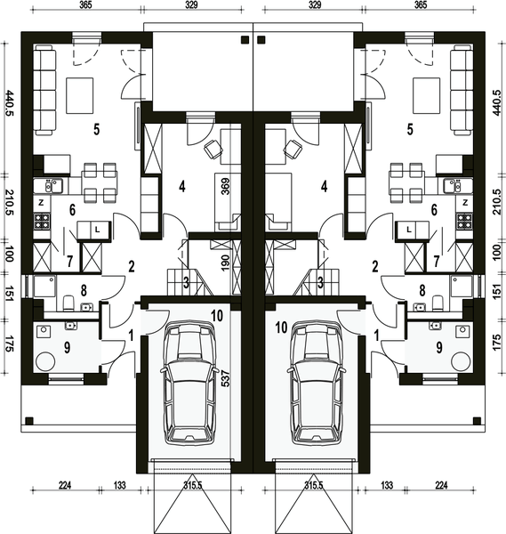 Parter projektu Makolągwa z garażem 1-st. bliźniak [A-BL1]