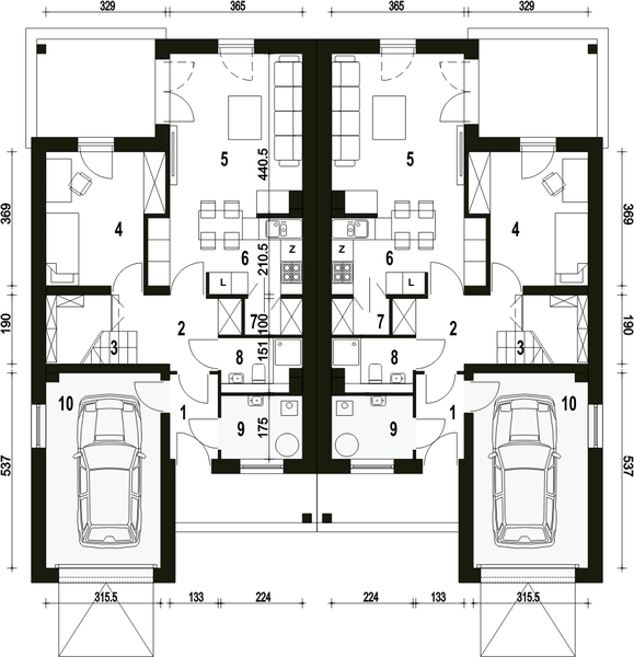 Parter projektu Makolągwa z garażem 1-st. bliźniak [A-BL2]