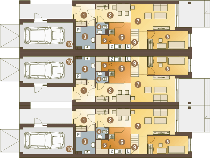 Parter projektu Long z garażem 1-st. szeregówka [A-SZ]
