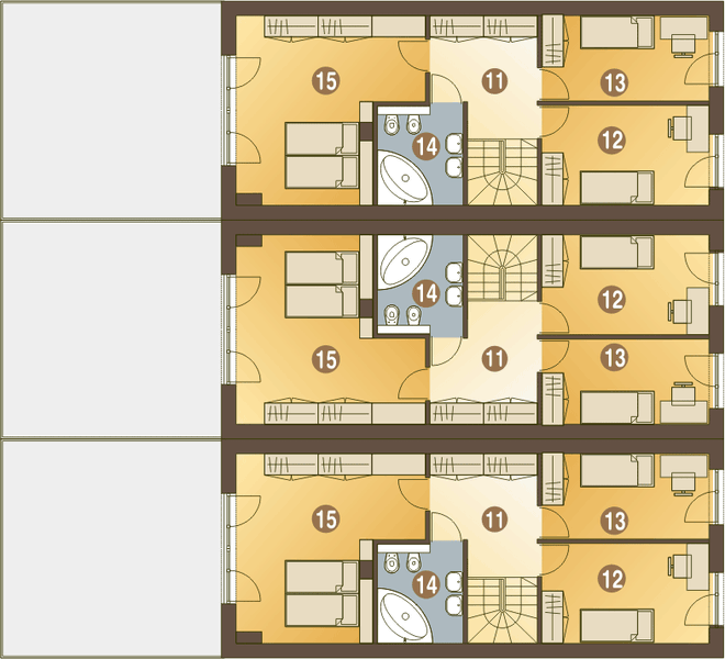 Piętro 1 projektu Long z garażem 1-st. szeregówka [A-SZ]