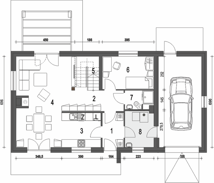 Parter projektu Eco 5 z garażem 1-st. [A]