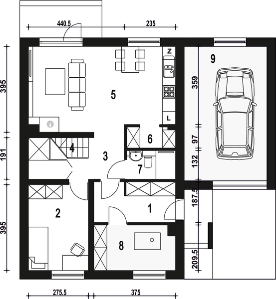 Parter projektu Głuszec z garażem 1-st. [A]