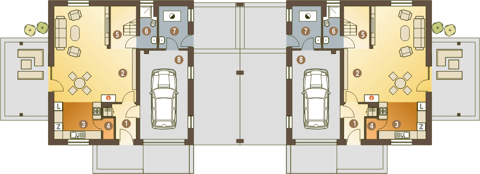 Parter projektu Nowinka V z garażem i wiatą bliźniak [A1-BL1]