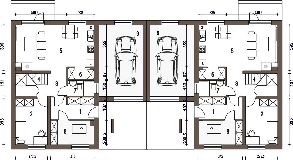 Parter projektu Głuszec z garażem 1-st. bliźniak [A-BL1]