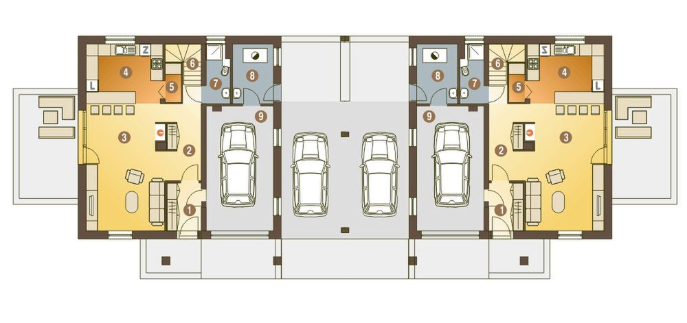 Parter projektu Nowinka VI z garażem i wiatą bliźniak [A1-BL1]