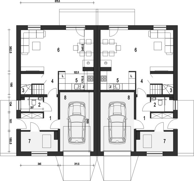 Parter projektu Głuszec II z garażem 1-st. bliźniak [A-BL1]
