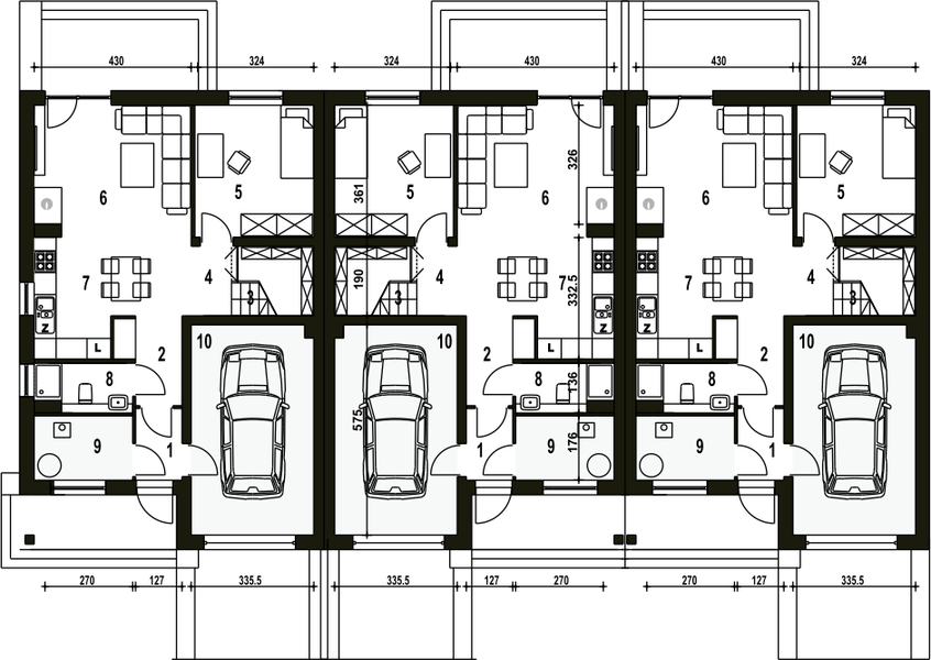Parter projektu Mazurek II z garażem 1-st. szeregówka [A-SZ]