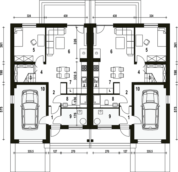 Parter projektu Mazurek II z garażem 1-st. bliźniak [A-BL2]