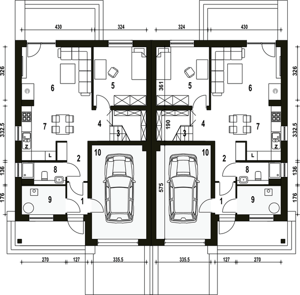 Parter projektu Mazurek II z garażem 1-st. bliźniak [A-BL1]