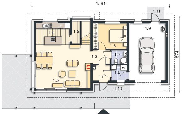 Projekt domu Tokio VII DCP190f - rzut parteru, dom liczy 5 pokoje, 2 łazienki i wc