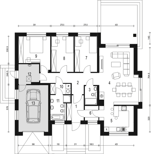 Parter projektu Aron z garażem 1-st. [A]