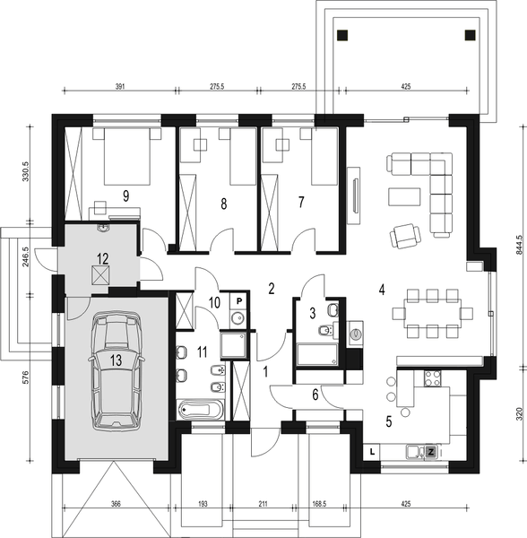 Parter projektu Aron z garażem 1-st. [A1]