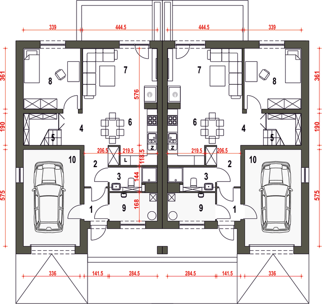 Parter projektu Mazurek III z garażem 1-st. bliźniak [A-BL2]