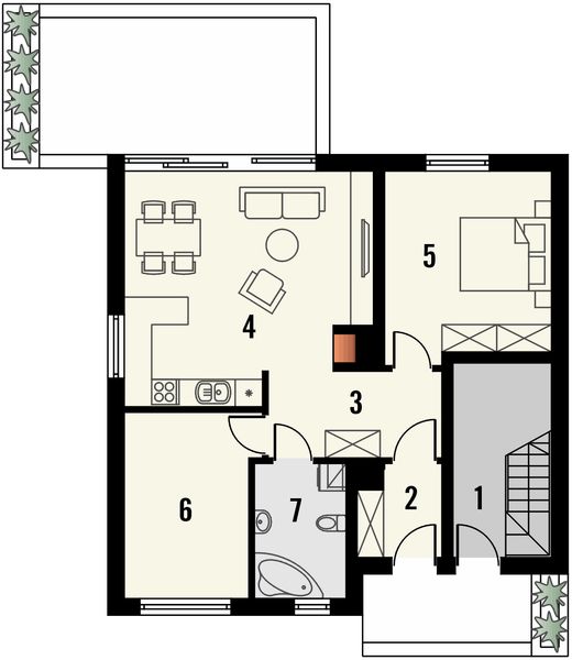 Projekt domu Riva - rzut parteru, dom liczy 4 pokoje, 2 łazienki i wc