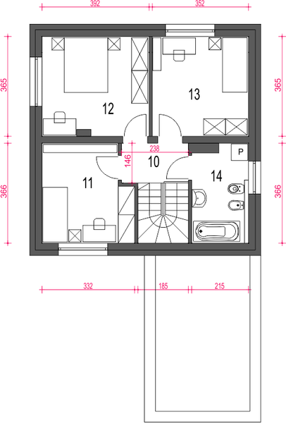 Projekt domu Egon II z garażem 1-st. [A] - rzut 1 piętra, dom liczy 3 pokoje, 2 łazienki i wc
