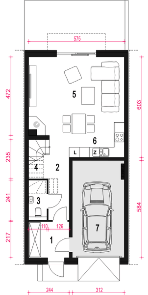 Parter projektu Jukka z garażem 1-st. szeregówka [A-SZ]
