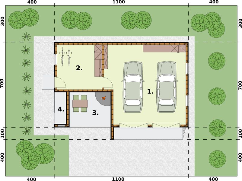 Parter projektu G315 szkielet drewniany garaż dwustanowiskowy z pomieszczeniem gospodarczym i altaną