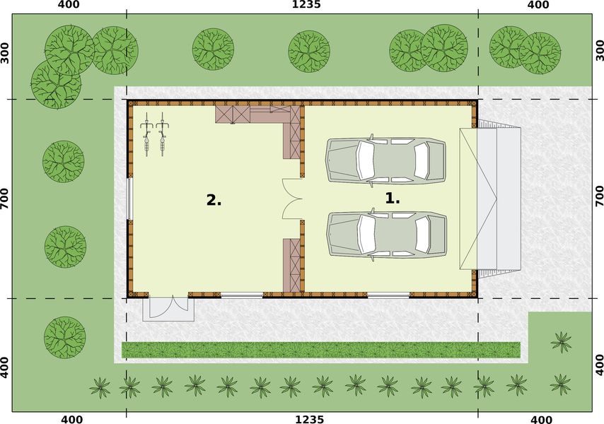 Parter projektu G318 szkielet drewniany garaż dwustanowiskowy z pomieszczeniem gospodarczym
